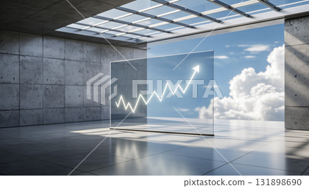 The ascending line graph of the glass screen panel on the floor of the concrete building The ascending line graph of the glass screen panel on the floor of the concrete building 131898690