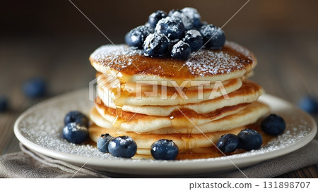 Fluffy pancakes with juicy blueberries, a drizzle of sweet syrup, and a dusting of powdered sugar for a delightful breakfast or brunch treat. 131898707