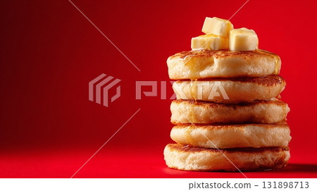 Stack of pancakes topped with butter and syrup. Delicious breakfast or brunch option against a vibrant red backdrop. Sweet and savory indulgence. 131898713