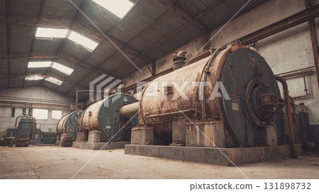 Industrial Relics: Abandoned machinery stands silently in a cavernous, decaying warehouse, bathed in the soft light filtering through the skylights. Industrial Relics: Abandoned machinery stands silently in a cavernous, decaying warehouse, bathed in the soft light filtering through the skylights. 131898732