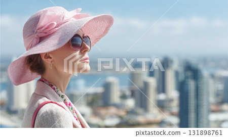 Elegant woman in a pink hat and sunglasses gazes at the city skyline on a bright, sunny day. She is stylish and sophisticated. 131898761