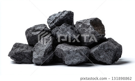 Pile of Coal: Raw Energy Source,  Fuel for Power, Industrial Material, Carbon-Rich Deposit, Mining Resource,  Fossil Fuel on a White Backdrop 131898862