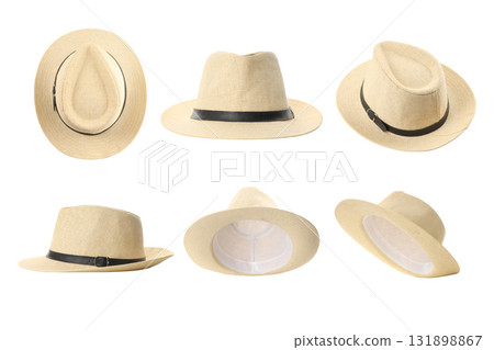 Various perspectives of a straw hat with a black band, isolated, PNG 131898867