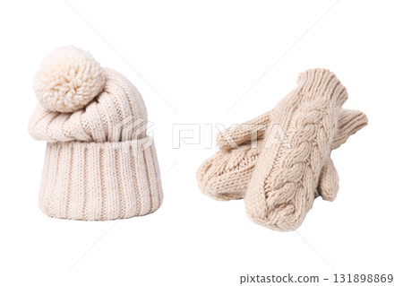 Beige knit hat with pom pom and mittens, isolated, PNG 131898869