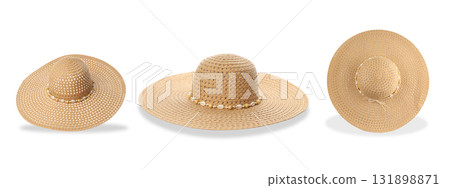 Three wide-brimmed straw hats on white, isolated, PNG 131898871
