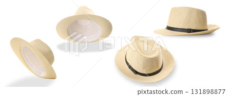 Straw hats displayed in various angles, isolated, PNG 131898877