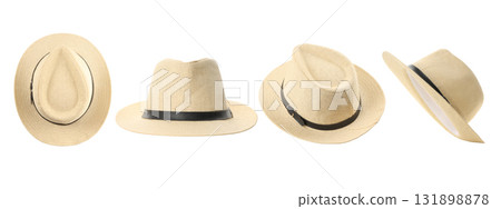 Four unique straw hats in various styles, isolated, PNG 131898878
