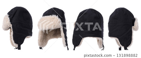 Four angles of a black winter hat with fur lining, isolated, PNG 131898882