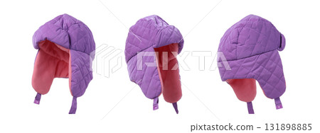 Purple quilted hat with ear flaps and a soft lining, isolated, PNG Purple quilted hat with ear flaps and a soft lining, isolated, PNG 131898885