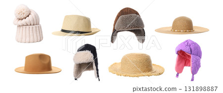Various hats lined up on a white background, isolated, PNG 131898887