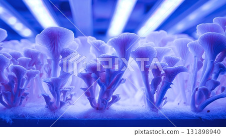 Cultivated mushrooms glow under ultraviolet lights, creating an ethereal, bioluminescent effect in an indoor cultivation setting. Cultivated mushrooms glow under ultraviolet lights, creating an ethereal, bioluminescent effect in an indoor cultivation setting. 131898940