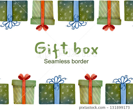Seamless border featuring festive green gifts with ribbons. Watercolor illustration of the gift box is perfect for prints, decor, and cards. Seamless border featuring festive green gifts with ribbons. Watercolor illustration of the gift box is perfect for prints, decor, and cards. 131899173