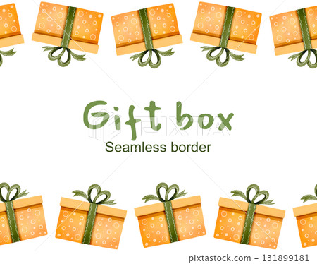 Seamless border featuring festive orange gifts with a green ribbon. Watercolor illustration of a gift box. Suitable for prints, decor, and cards. 131899181