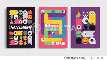 Colorful Halloween themed illustrations featuring ghosts, pumpkins, and spooky elements create festive atmosphere for holiday 131899186
