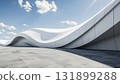 3D rendering of buildings with empty concrete floors and curved white walls 131899288