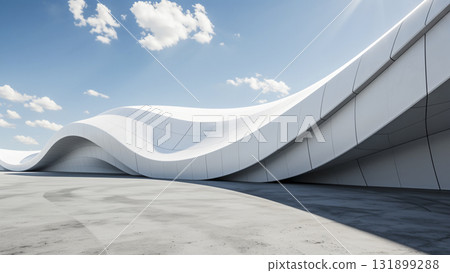 3D rendering of buildings with empty concrete floors and curved white walls 131899288
