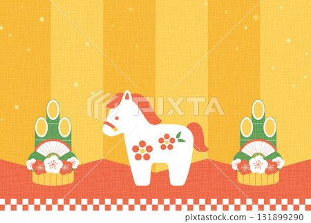 馬（馬年）雕像、屏風和門松新年賀卡背景插圖 131899290