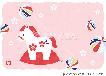 馬（馬年）小雕像和糖果新年賀卡背景插圖 131899294