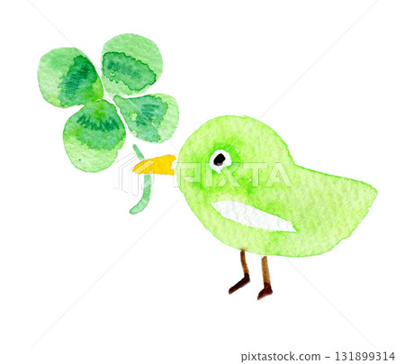 簡單的水彩畫，描繪了一片四葉草和一隻小鳥 131899314