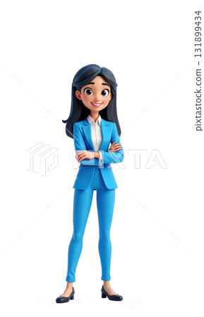 A resilient female leader in bright blue, framed by abstract projections of corporate networks and innovative strategies, symbolizing her commitment 131899434