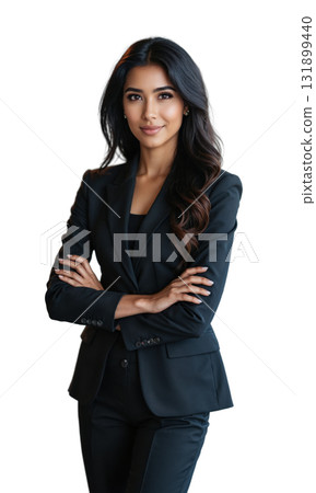 A South Asian female entrepreneur with a confident expression, standing in a bright, modern office. Her arms crossed reflect authority 131899440