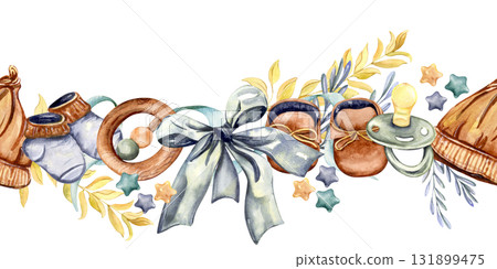 Seamless border with baby clothes, pacifiers, hats, teethers and leafy branches watercolor illustration 131899475