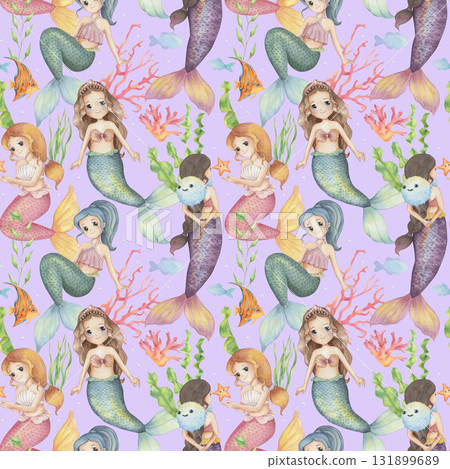 Watercolor Seamless pattern with cute mermaid 131899689