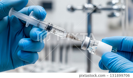 Doctor or nurse hands in blue gloves holding syringe and vaccine vial, preparing for injection, medicine and healthcare concept for vaccination campaign. 131899706