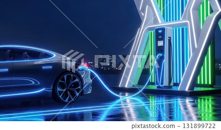 Electric car charging at futuristic station with neon lights, theme of sustainable energy and green technology, modern vehicle on city street at night 131899722