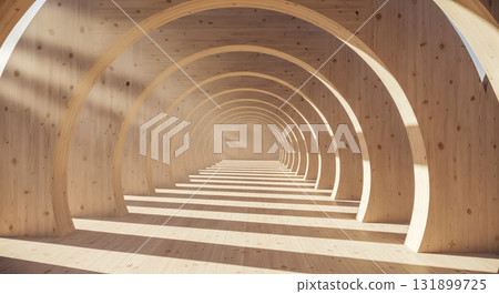 Abstract background of wooden arches creating long tunnel with soft light, modern architectural corridor representing path, journey and future concept 131899725