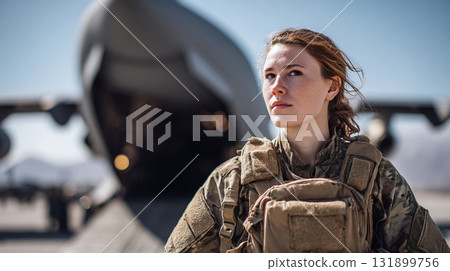 Determined soldier stands before a transport aircraft, her gaze fixed on the horizon, exuding strength and resolve. 131899756