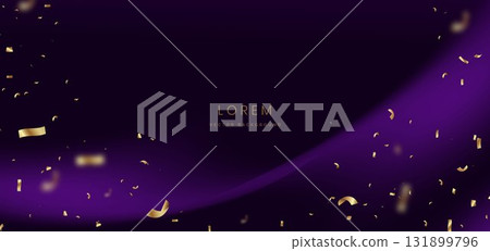 Luxury purple curve ray on dark red background with gold confetti. 131899796
