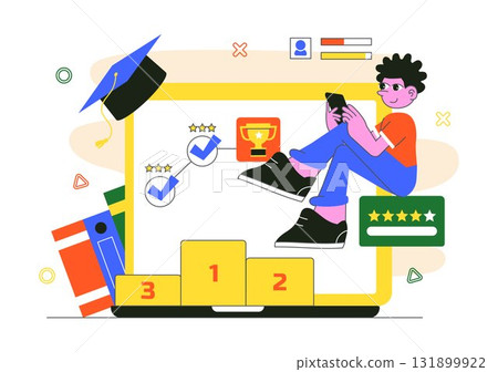 Interactive Learning Gamification Vector Illustration Featuring LMS Interface with Tablet, Book, Game Controller, and Lab Flask in a Flat Background Interactive Learning Gamification Vector Illustration Featuring LMS Interface with Tablet, Book, Game Controller, and Lab Flask in a Flat Background 131899922