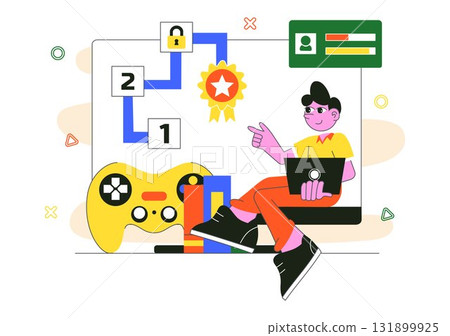 Interactive Learning Gamification Vector Illustration Featuring LMS Interface with Tablet, Book, Game Controller, and Lab Flask in a Flat Background Interactive Learning Gamification Vector Illustration Featuring LMS Interface with Tablet, Book, Game Controller, and Lab Flask in a Flat Background 131899925
