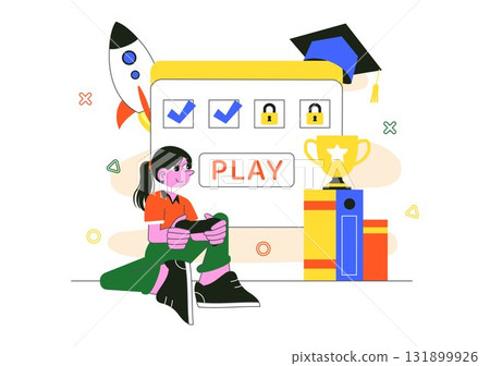 Interactive Learning Gamification Vector Illustration Featuring LMS Interface with Tablet, Book, Game Controller, and Lab Flask in a Flat Background Interactive Learning Gamification Vector Illustration Featuring LMS Interface with Tablet, Book, Game Controller, and Lab Flask in a Flat Background 131899926