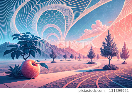 An apple on the road in a futuristic surreal world An apple on the road in a futuristic surreal world 131899931