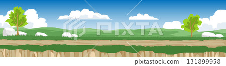 Horizontal or landscape of path is a dirt road. The front is a cliff seam. The background is full of green areas and green hills. Under blue sky and white clouds. for banner background. 131899958