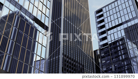 Corporate Architecture Background with low angle view of modern glass skyscrapers, looking up at tall office buildings in financial district for business success 131899970