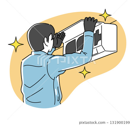 A male worker cleaning an air conditioner 131900199