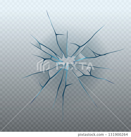 Realistic glass crack isolated on transparent background. Vector illustration of broken window, monitor display, gadget screen, car windshield, gunshot effect. Accident design element 131900264