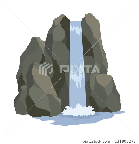 Cartoon river waterfall. Landscape with mountains and trees. Design element for travel brochure or illustration mobile game. Fresh natural water 131900273