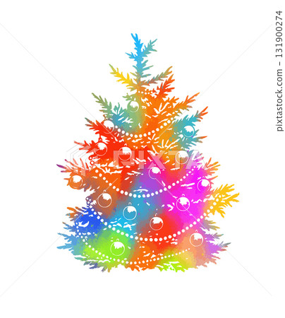 Colorfull decorated Christmas and new year tree. Hand drawn. Not AI, vector illustration. 131900274