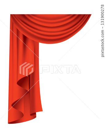 Red curtains realistic. Theater fabric silk decoration for movie cinema or opera hall. Curtains and draperies interior decoration object. Isolated on transparent for theater stage 131900278
