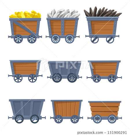 Collection of metal and wooden mine carts loaded with gold, crystals and stones or coal. Cartoon mine trolleys. Vector design illustration isolated on white background Collection of metal and wooden mine carts loaded with gold, crystals and stones or coal. Cartoon mine trolleys. Vector design illustration isolated on white background 131900291