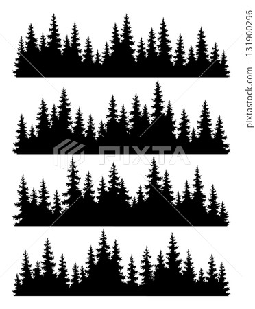 Set of fir trees silhouettes. Coniferous spruce horizontal background patterns, black evergreen woods vector illustration. Beautiful hand drawn panoramas of coniferous forest 131900296