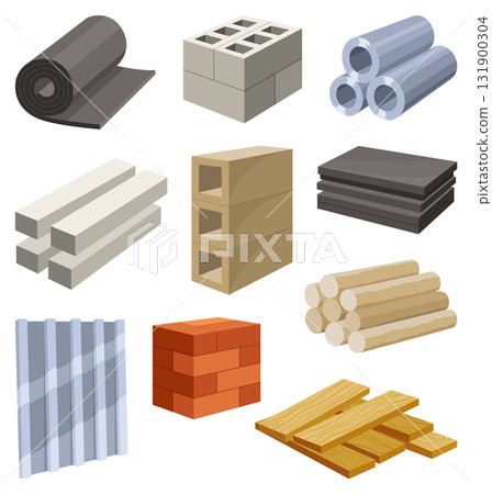 Building materials for construction sites or renovation works. Bricks, planks, metal, profile sheet vector set. Construction concept illustrate renovation works Building materials for construction sites or renovation works. Bricks, planks, metal, profile sheet vector set. Construction concept illustrate renovation works 131900304