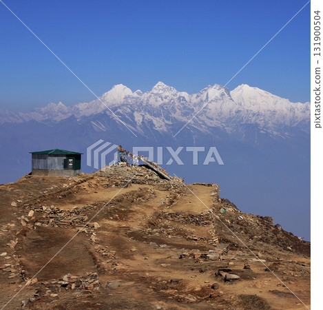 Ganesh Himal mountain range seen from Laurebina, Nepal. Fogy spring day in the Himalayas. 131900504