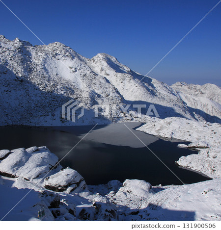 Lake Bhairabkunda, lake near Gosainkunda, Nepal. Spring morning with new snow. 131900506