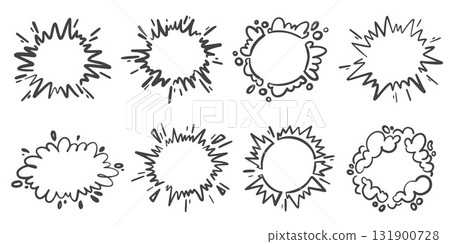 Comic burst and sped lines effect. Hand-drawn vector boom with splashes. Cartoon graphic sparks and smoke. Action circle frames with shine and starburst. Comic burst and sped lines effect. Hand-drawn vector boom with splashes. Cartoon graphic sparks and smoke. Action circle frames with shine and starburst. 131900728
