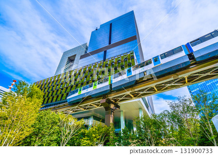 Tokyo cityscape in Japan, with views of the Blue Front Shibaura and monorail Tokyo cityscape in Japan, with views of the Blue Front Shibaura and monorail 131900733